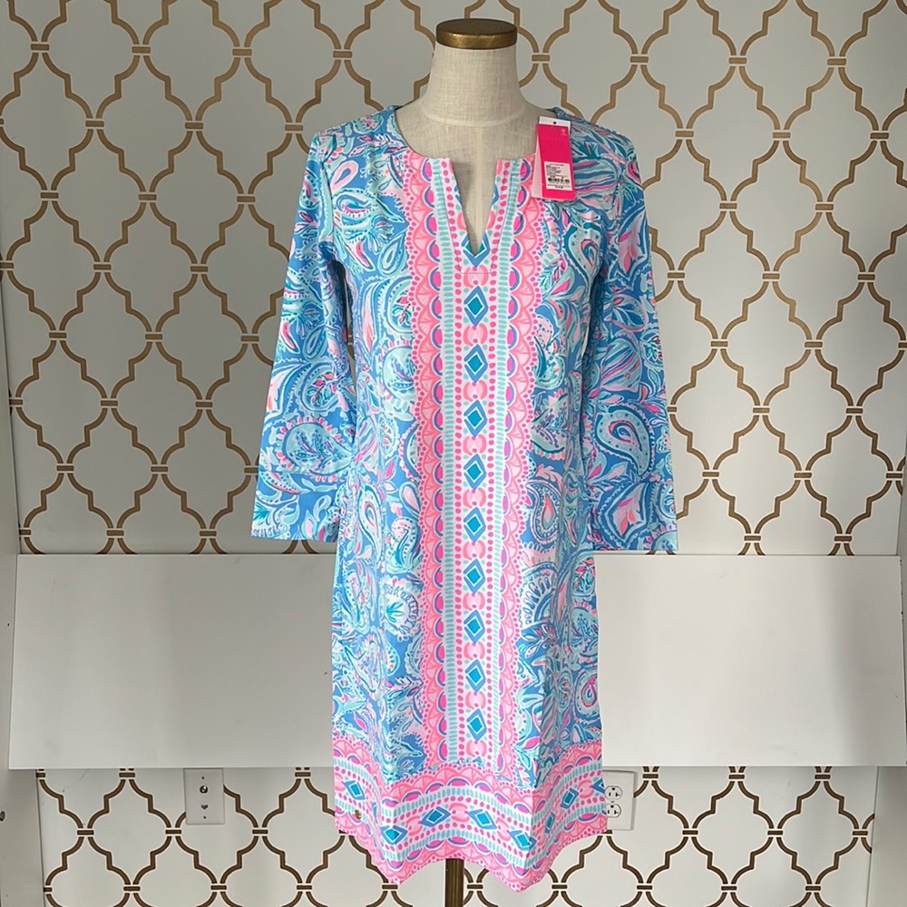 Lilly Pulitzer NWT UPF 50+ Knit Nadine Dress Zanzibar Blue Fish Kiss Print. Sz M